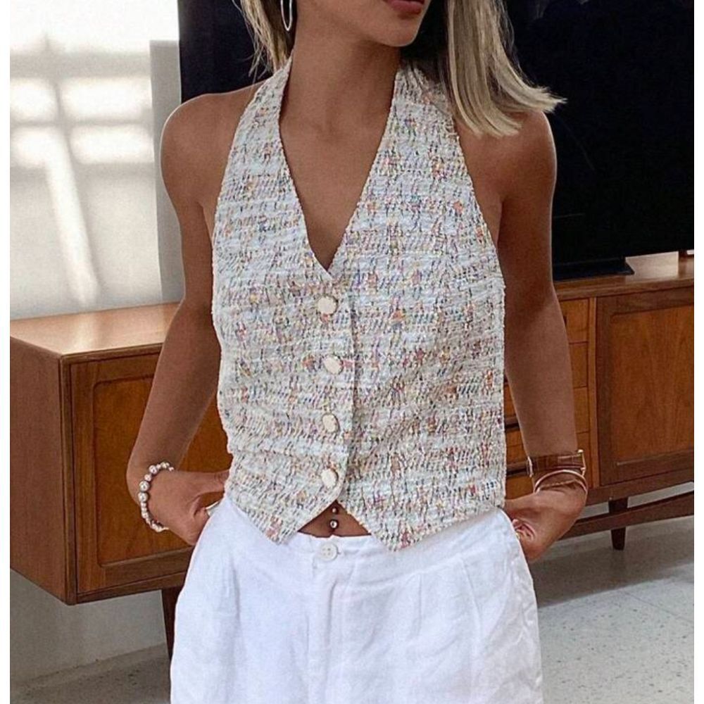 Dazy Sleeveless Textured Tweed‎ Pastel Rainbow Halter Vest Women's XL NWT